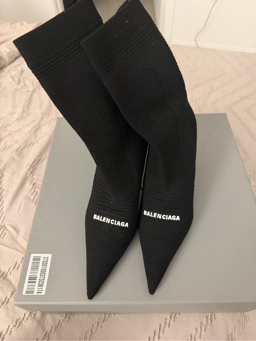 Balenciaga Black Knit Pointed Sock Boots with White Logo
